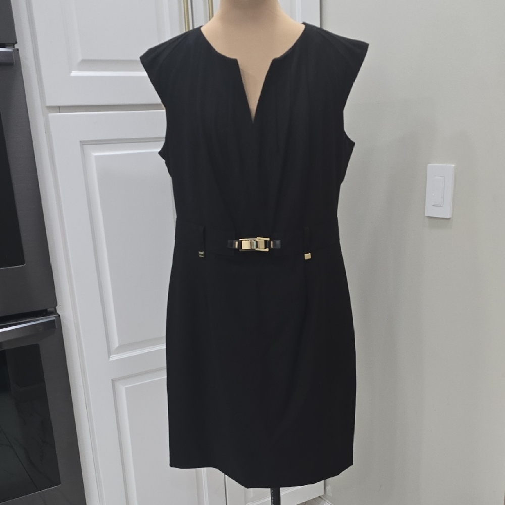 Calvin Klein Black Sheath with Pleated Shoulders And Gold Accents